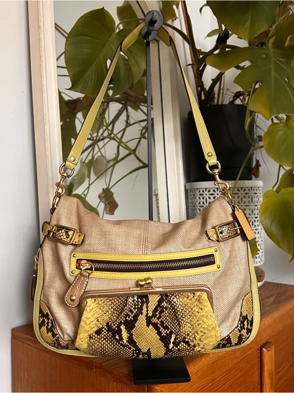 Y2k rare Coach Bonnie Green Python Straw Shoulder Bag new with tags 2008